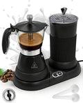 2-in-1 Milk Frother Electric Foam Maker and Moka Coffee Maker Espresso Maker 110V Electric Base Aluminum Frother Moka Pot 5oz 150ml Frothing Easy Brewing Latte Cappuccino Home Gift Black