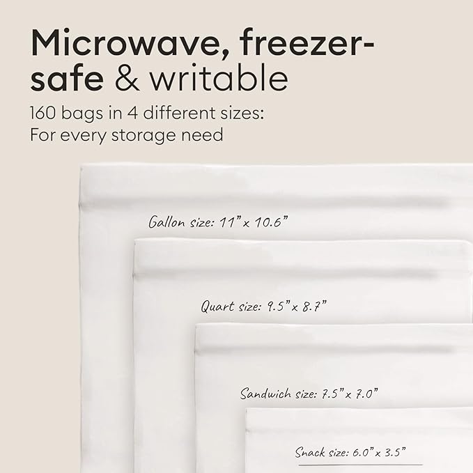 Vove Compostable Storage Bags 160 Ct Multi-Size (S/M/L/XL) – PFAS-Free, BPI Certified, Freezer Safe with Airtight Seal for Food & Meal Prep, Plant-Based