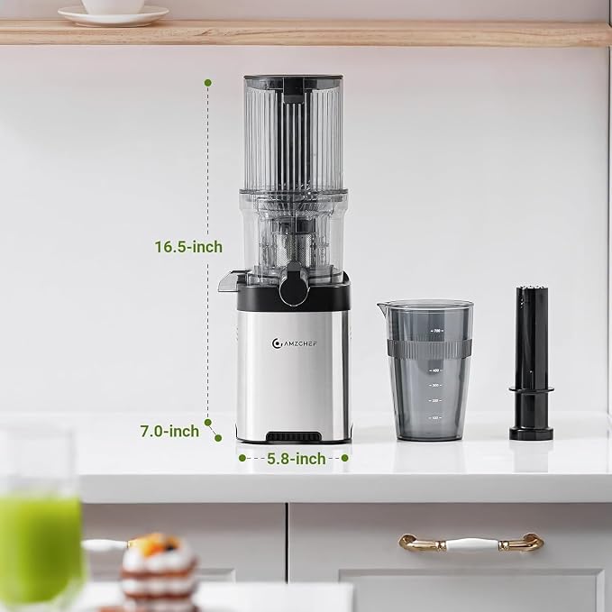 AMZCHEF Cold Press Juicer, Juicer Machines - 4.6" Large Feed Chute for Whole Fruits & Vegetables, Stainless Steel Slow Masticating Juicer Easy to Clean, Large Auger, Double Strainers, Silver