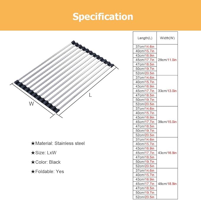 37/40/43/45/47/50/52 CM Collapsible Roll up Dish Drying Rack, Over The Sink Square Tubes Foldable Stainless Steel Drainer for Kitchen(Black,50x48cm/19.7x18.9in)