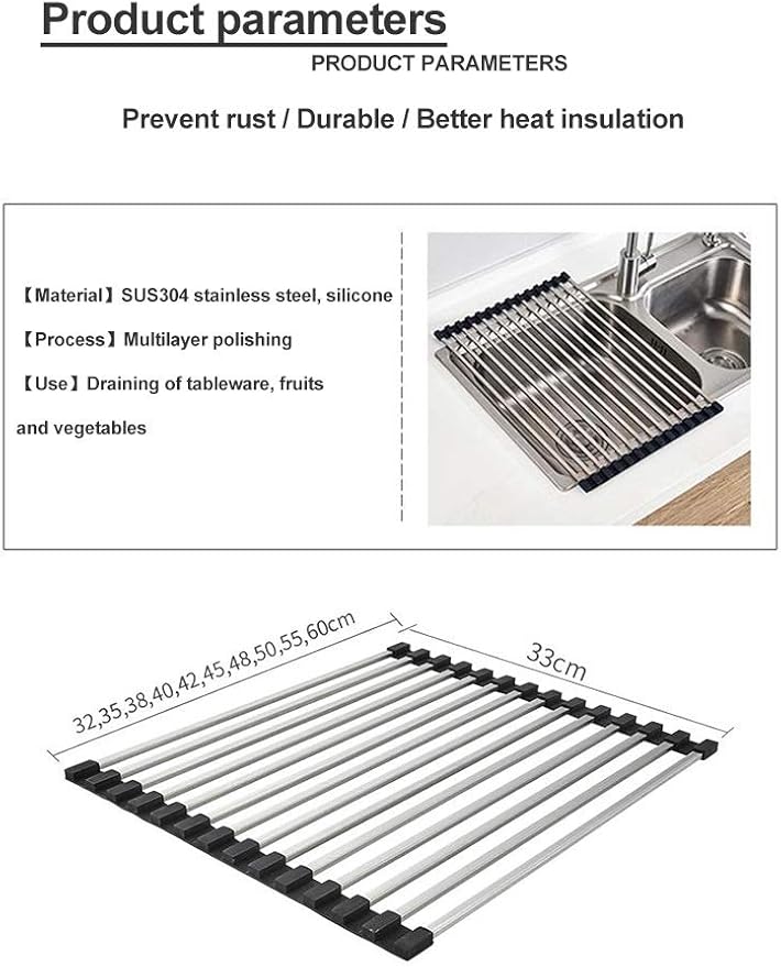 Roll Up Dish Drying Rack Over The Sink Dish Drying Rack Made of Stainless Steel and Silicone Coat Fruit and Vegetable Drying，for Kitchen Sink(41 * 33cm/16.14 * 13inch)