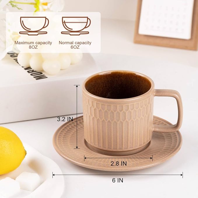 8oz Cappuccino Cups with Saucers Set of 4, 8 Ounce Stackable Embossed Ceramic Coffee Mugs for Specialty Coffee Drinks, Latte Mugs, Cafe Mocha and Tea, Dishwasher & Microwave Safe (Brown)