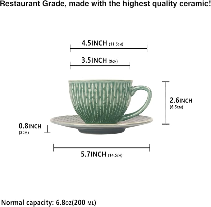 Coffee Mugs Set, 6.8 oz,Ceramic Tea Cup with saucer, Espresso Cups 8-piece, Stackable Cups, for Latte,Hot Tea,Cappuccino, Mocha, Cocoa, dishwasher & microwave safe, Dark green