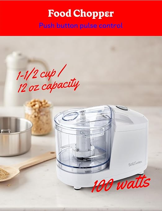 Betty Crocker 2-Piece Kitchen Appliances Combo: 5-Speed Hand Mixer with Food & Vegetable Chopper, 150W Mixer, Chrome Beater & Whisk Attachments, 100W Food Processor with Plastic Bowl, BC-7222W, White