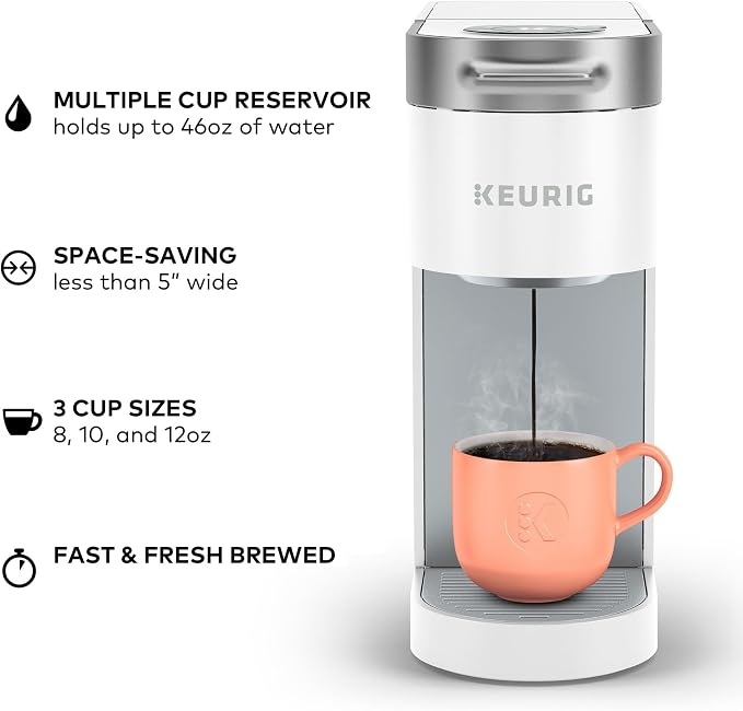 Keurig K-Slim Single Serve K-Cup Pod Coffee Maker, Multistream Technology, 3 Brew Sizes, Slim and Sleek Design, 46oz Removable Reservoir, White