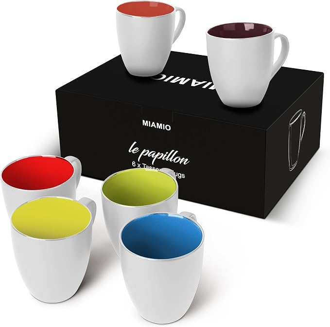 MIAMIO - Set of 6 Coffee Mugs 12 oz – Modern Ceramic Coffee Cup Set in White Multicolor – Large Coffee Cups for Coffee, Tea and Cappuccino – Dishwasher and Microwave Safe