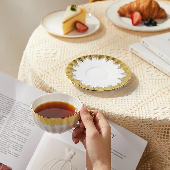 CHANJOON 6 Teacups Tea Tray Spoon Set, 6oz with Galvanized Gold Rim and Gift Box, Ceramic White English Coffee Teacup (gold color, Large)