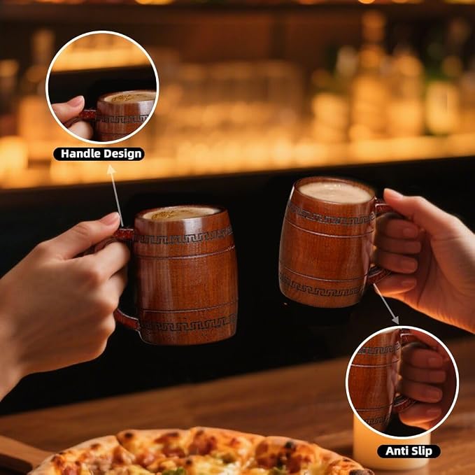 Wooden Beer Mug for Man Woman - 4 pcs Vintage Beer Viking Stein Cups, 12 oz Handmade Wood Camping Barrel Gift for Dad Friend Family Drink Coffee Tea