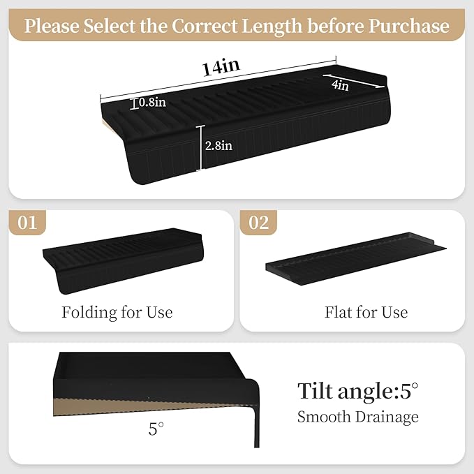 Sink Edge Protector with Suction Cup, 14" x 4", Silicone Sink Splash Guard for Kitchen & Bathroom, Protect Countertop from Scratches, Stains, for Stainless Steel Granite Quartz, Black
