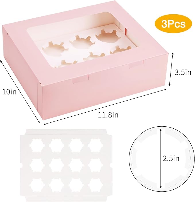 Moretoes 3PCS Cupcake Boxes with Window,Hold 12 Count Cupcake Containers for Cupcakes, Desserts, and More (Pink)