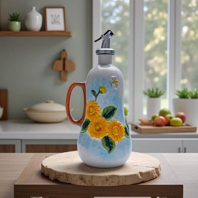 18.26oz/540ml Decorative Olive Oil Dispenser Bottle for Kitchen,Hand Painted Relief Ceramic Olive Oil Bottle,Ceramic Oil Container (B-Sunflower)