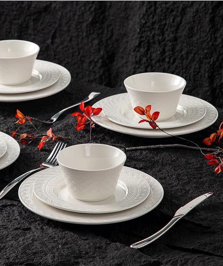 4-piece set, ceramic tableware set, relief plate and bowl set, microwave and dishwasher compatible tableware set, shatterproof and scratch resistant dinner set, irregular edge design, white