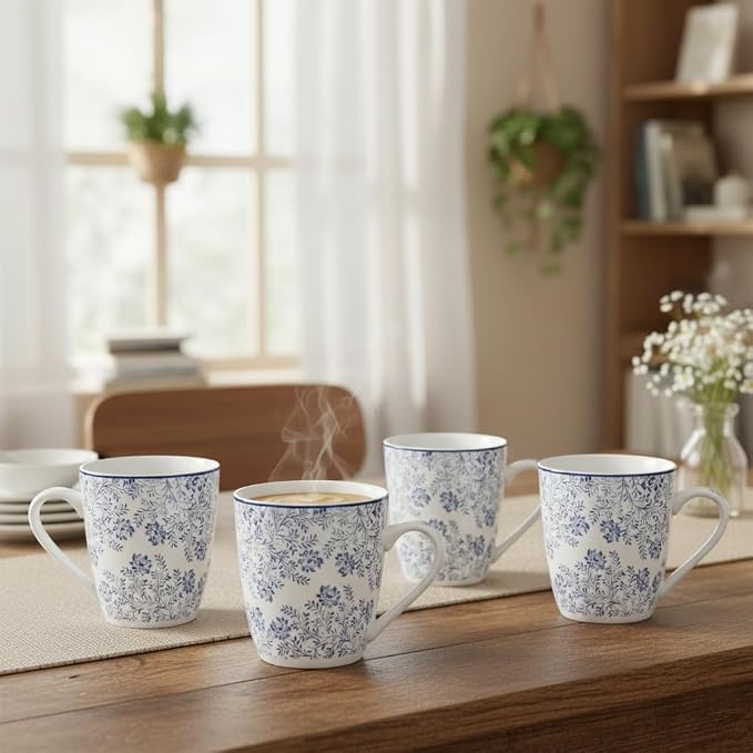 Lorren Home Trends Floral Rose Coffee Mug Set of 4, 12 Oz, Microwave and Dishwasher Safe, Bone China (LIGHT BLUE)