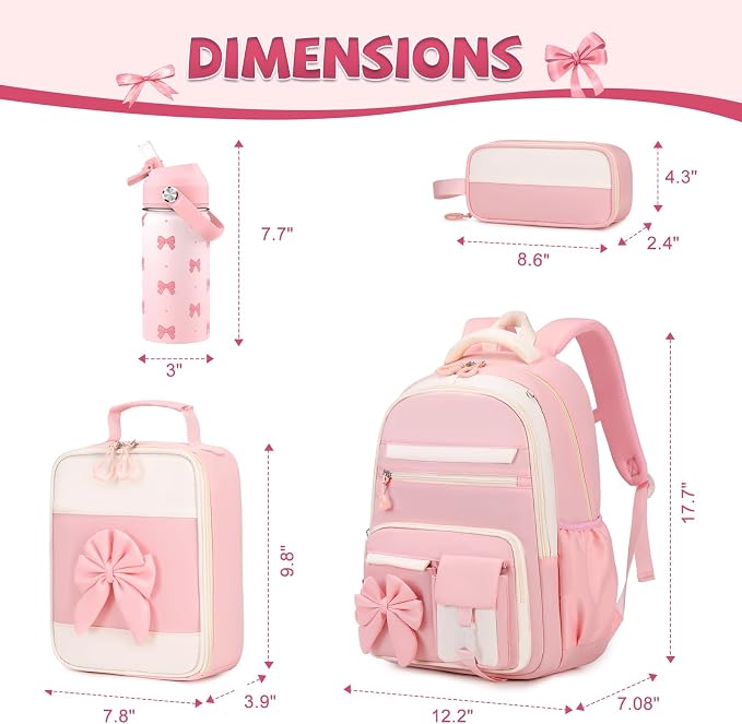 DIGOBAY Girls Backpack - Includes 14oz Insulated Water Bottle, Girls School Backpack Set with Lunch Bag & Pencil Case Teens for School (Pink)