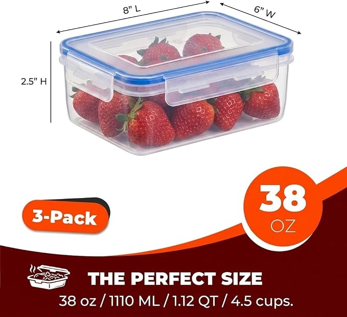 Tribello 38 oz Airtight Food Storage Containers with SnapTight Lids – Clear, Stackable, BPA-Free Meal Prep Containers for Kitchen, Freezer & Pantry Storage
