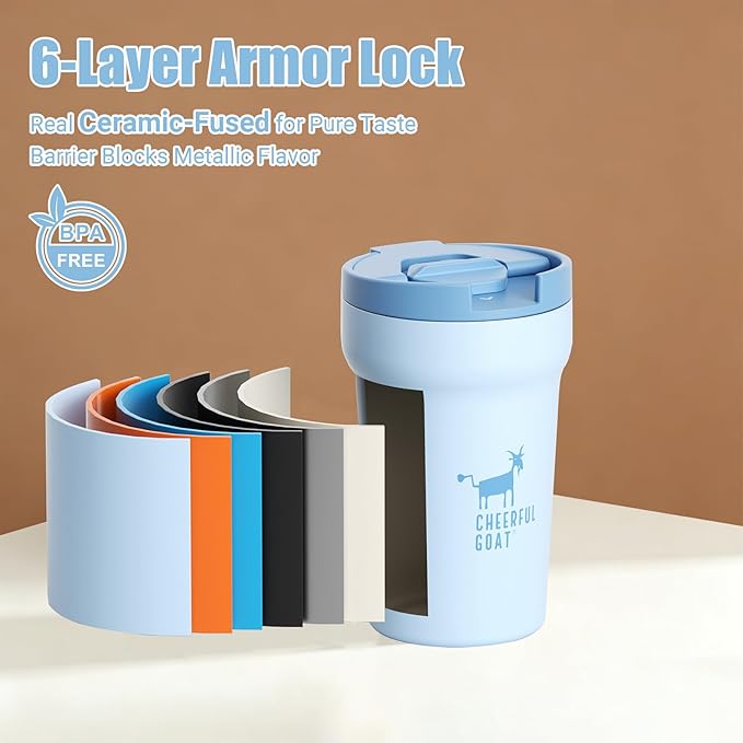 CHEERFUL GOAT Ceramic Lined Coffee Mug – Stainless Steel Travel insulated Tumbler with Ceramic Liner, with lid, 12oz Leak proof Cup for Hot and Cold Water Coffee at Home, Office, or On the Go (Blue)