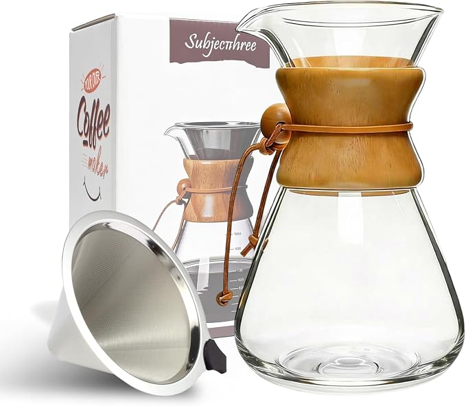 subjectthree Glass Coffee Maker - Pour Over Coffee Dripper Set with 304 Stainless Steel Filter for Camping, Office,Cafes,Home Use,Barista Kit 6/8/10 Cup Easy Clean(34 Ounce Curved)