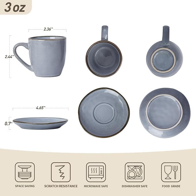 famiware Ocean Espresso Cups with Saucers Set of 4, 3.34oz Espresso Cup Set, Coffee Mug Set for Latte, Macchiato, Stoneware Demitasse Cups Set for Cafe, Microwave&Dishwasher Safe, Blue