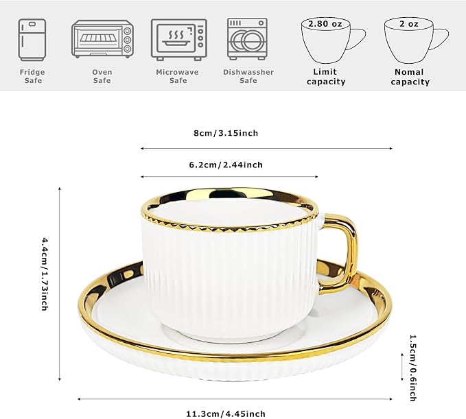 ALIMOTA 3oz White Gold Ceramic Coffee Mug Set of 6, Latte Mugs with Saucers, White Latte Cups and Espresso Mug for Specialty Coffee Drinks, Latte, Cafe Mocha, Tea