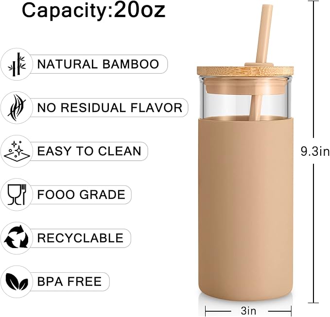 Tronco 20 oz Glass Tumbler with Lid and Straw, Iced Coffee Cup and Smoothie Cup with Bamboo Lids & Protective Silicone Sleeve, Dishwasher Safe, BPA-Free, Glass Cup 4 Pack