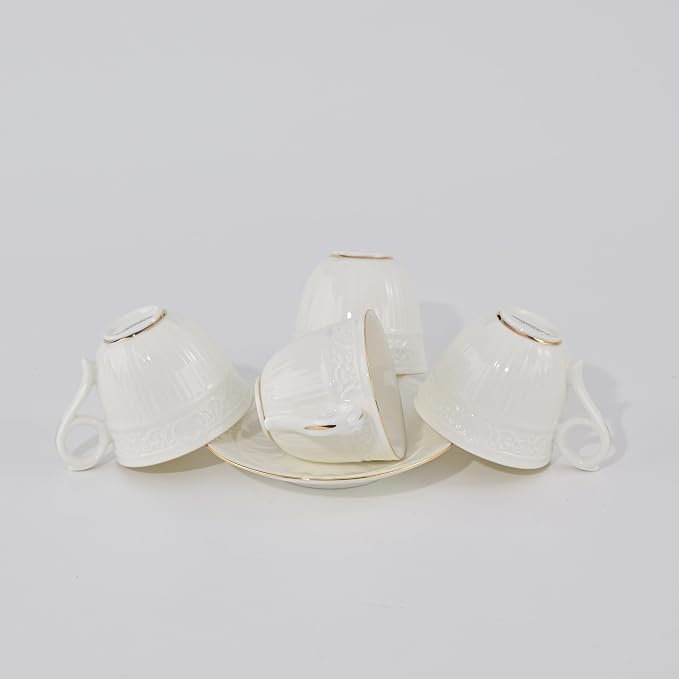 3 Ounce Porcelain Espresso Coffee Cups & Saucers Set, Handcraft Golden Trim, Set of 6