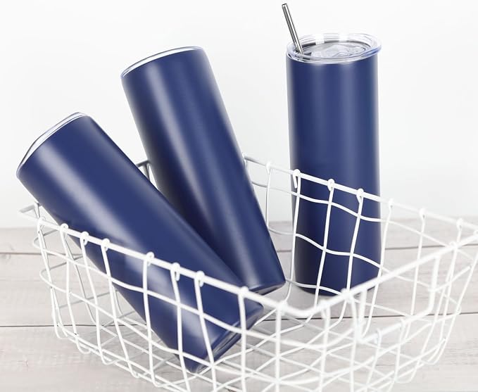 4 Pack 20 Oz Straight Skinny Tumblers,Individually Gift Boxed Stainless Steel Slim Skinny Tumbler Set Bulk, 20 Oz Insulated Slim Thin Travel Tumbler Cup for Diy, Navy