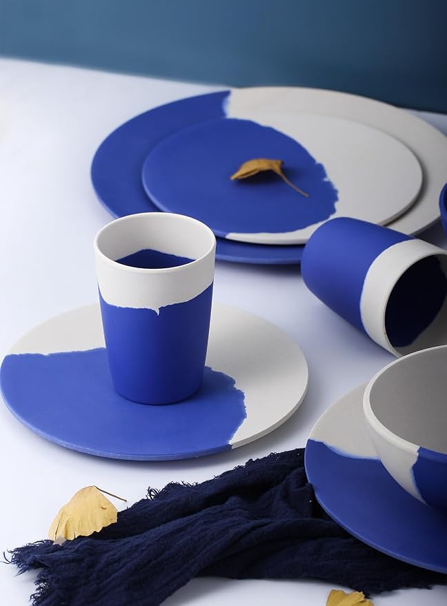 MORGIANA Bamboo Dinnerware Set, 8-Pieces Tableware Set, Eco-Friendly Plates, Cups, Bowls for Camping Picnic Outdoor Party (blue & white)
