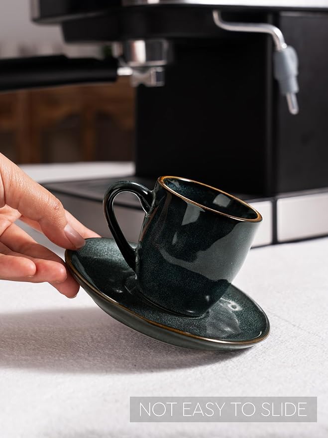 famiware Ocean Espresso Cups with Saucers Set of 4, 3.34oz Espresso Cup Set, Coffee Mug Set for Latte, Macchiato, Stoneware Demitasse Cups Set for Cafe, Microwave&Dishwasher Safe, Deep Forest