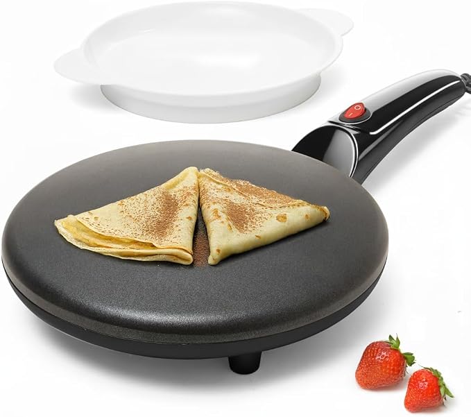 Moss & Stone Electric Crepe Maker – 8” Portable Crepe Pan Nonstick with Dipping Plate, Auto Shut-Off, On/Off Switch, Even Heating & One Automatic Temperature Control – Compact Crepe Maker