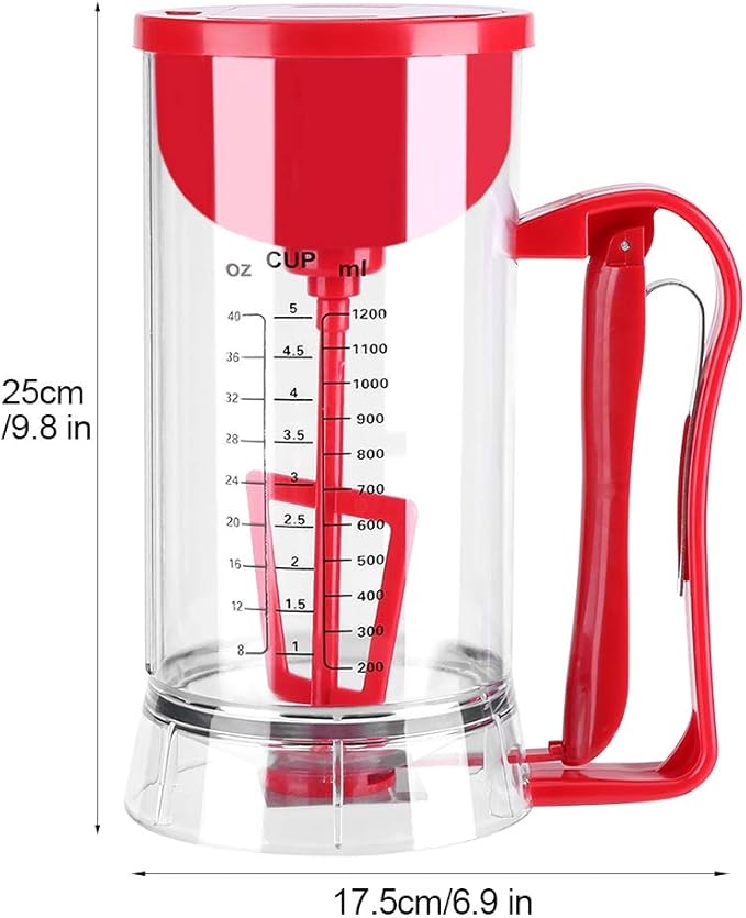 Pancake Batter Dispenser Electric Mixer Separator for Cupcakes, Waffles, Cookies, Clear Marks, 40.58oz, Clear/Red