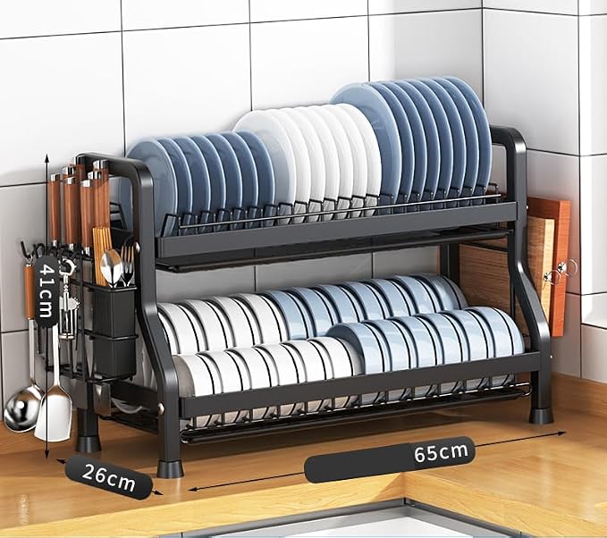 LMingKun Over The Sink Dish Drying Rack,Dish Rack, Dish Dryer Rack, Dish Drain, Black Dish Drying Rack,Snap-On Design 2-3 Tier Small Dish Rack Stainless Steel (25.6''X10.2''X16.1'')