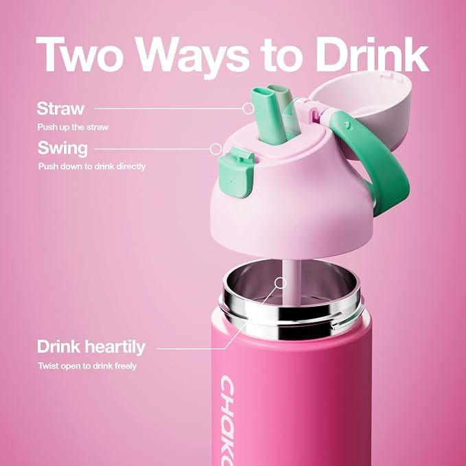 CHAKO LAB Insulated Stainless Steel Water Bottle, BPA-Free Sports Water Bottle,Spout and Straw,Leak Proof Locking Lid,Designed for Travel, School, and Sport,BPA Free,18 oz,Strawberry