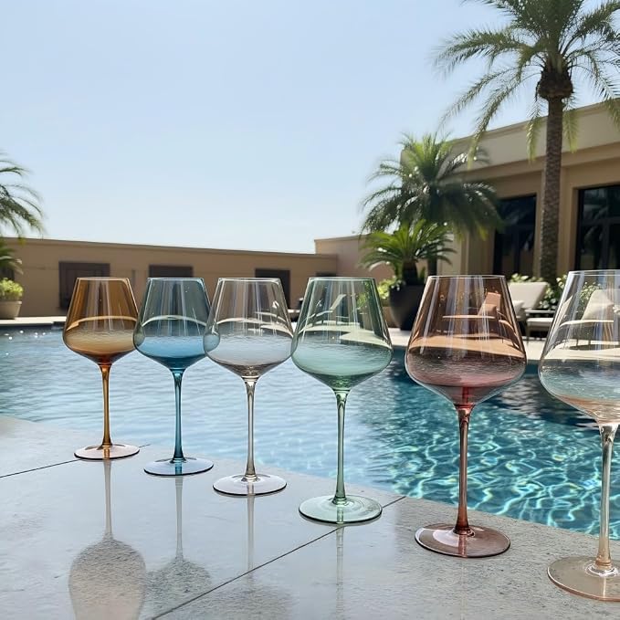 Physkoa Colored Burgendy Wine Glasses Set 6-18oz HandBlown Colorful Wine Glass With Long Stem,Multi Color Mothers Day Wine Glasses Gift for Women Mom