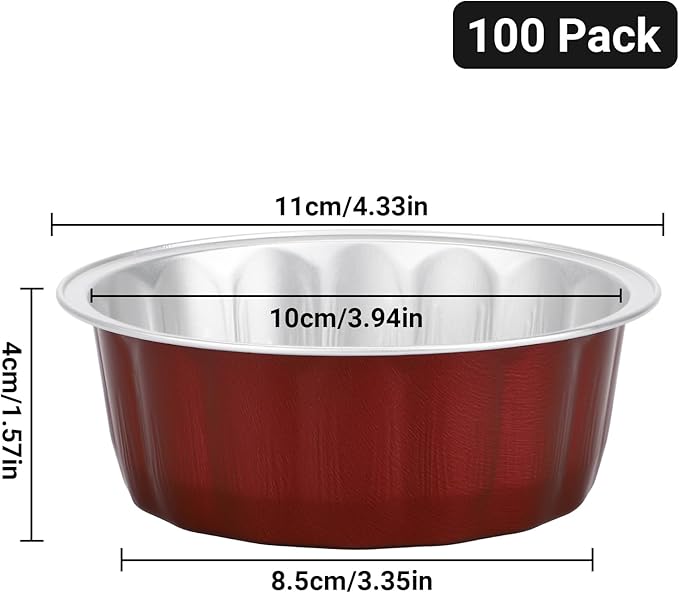Beasea Aluminum Baking Cups, 100 Pack 8oz 235ml 3.9 Inch Wine Red Round Disposable Ramekins No Lids Foil Cups Cupcake Mini Baking Tins for Social Events Celebrations