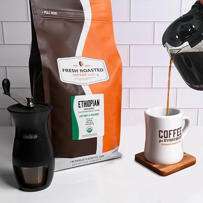 Fresh Roasted Coffee, Organic Ethiopian Natural Whole Bean Coffee, Light Roast, USDA Organic, 100% Single Origin, Kosher, 5 lb (80 oz)