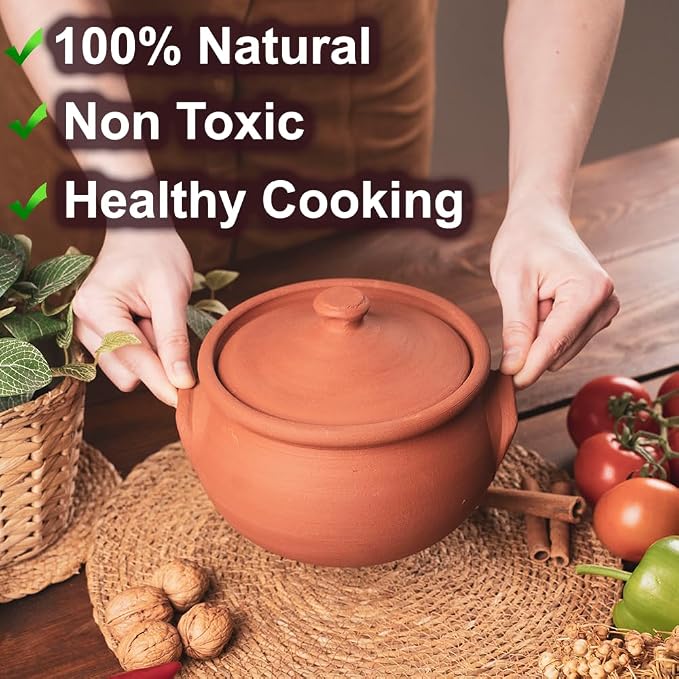 Earthenware Clay Mud Eathern Terracotta Cooking Pot Pottery Cazuela Cookware with Lid Natural Stovetop Stove Top Stone Stew Rice Unglazed Mexican Indian Kitchen Oven Terra Cotta Handcrafted Traditional Healthy (2.1 Quarts - Size3)