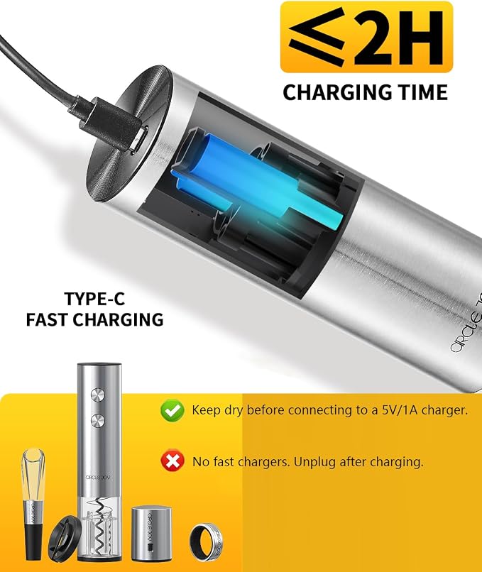 CIRCLE JOY Electric Wine Opener Rechargeable 5-in-1 Stainless Steel Wine Gift Set with Foil Cutter, Wine Aerator Pourer, Wine Drip Ring & Vacuum Stopper, Ideal Gifts for Wine Lovers, Silver