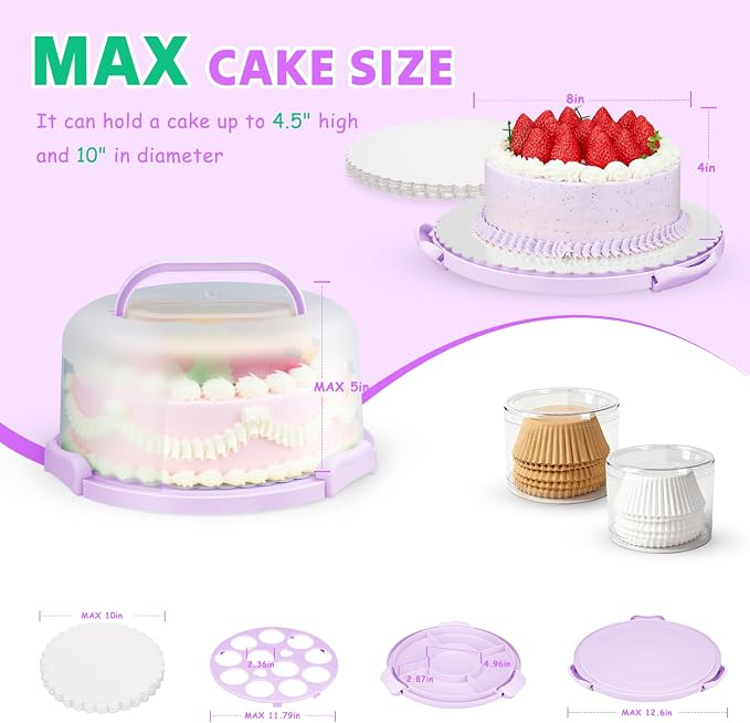 Cake Container, Cake Carrier with Lid, Bpa-Free Cake Holder with Lid for 10 Inch Round Cake Carrier with 10 pcs Round Golden Cake Boards and Portable Insulated Bag & Two Boxes of Cupcake Paper Liners