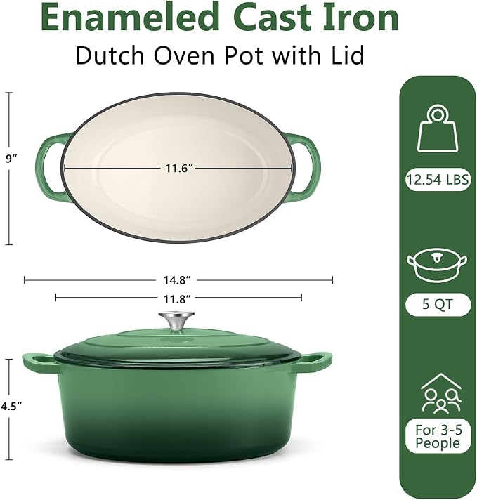TeamFar Oval Dutch Oven, 5qt Enameled Cast Iron Dutch Oven Pot with Lid, For Bread Baking/Stewing/Braising/Frying, Suitable for Various Stoves, Dual Handles & Easy Cleanup, Basil Green
