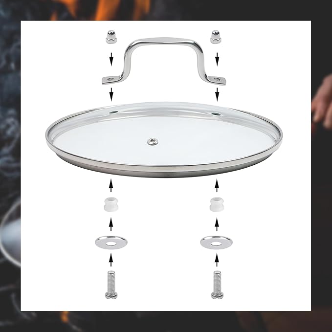 9.5 Inch Clear Glass Pot Lid for Frying Pan Replacement Cover Can Withstand 428°F (220℃) with Stainless Steel Arch Bridge Handle,Polished Silver