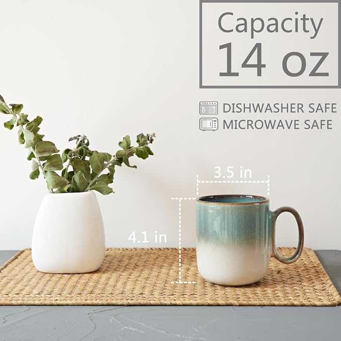 Bosmarlin Ceramic Coffee Mug Set of 4, 14 Oz, Coffee Cups with Big Handle, Microwave Safe, Unique Reactive Glaze (Green)