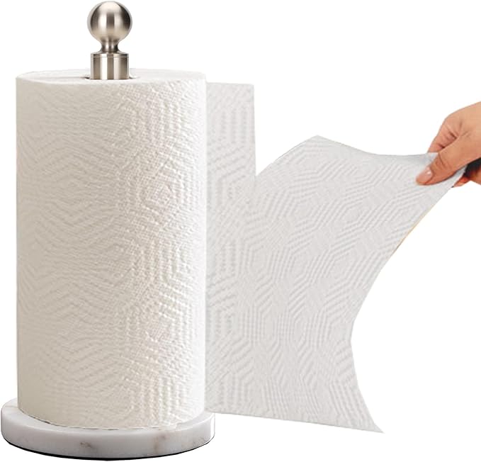 Paper Towel Holder Countertop, Standing Paper Towel Roll Holder for Kitchen Bathroom, with Weighted Base for One-Handed Operation (Marble Base, Brushed Nickel)