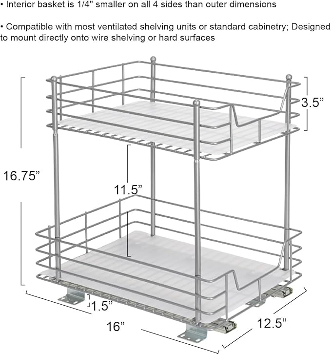 Household Essentials Glidez Steel Pull-Out/Slide-Out Storage Organizer with Plastic Liners for Under Cabinet or Wire Shelf Use - 2-Tier Design - Fits Standard Size Cabinet or Shelf, Brushed Silver