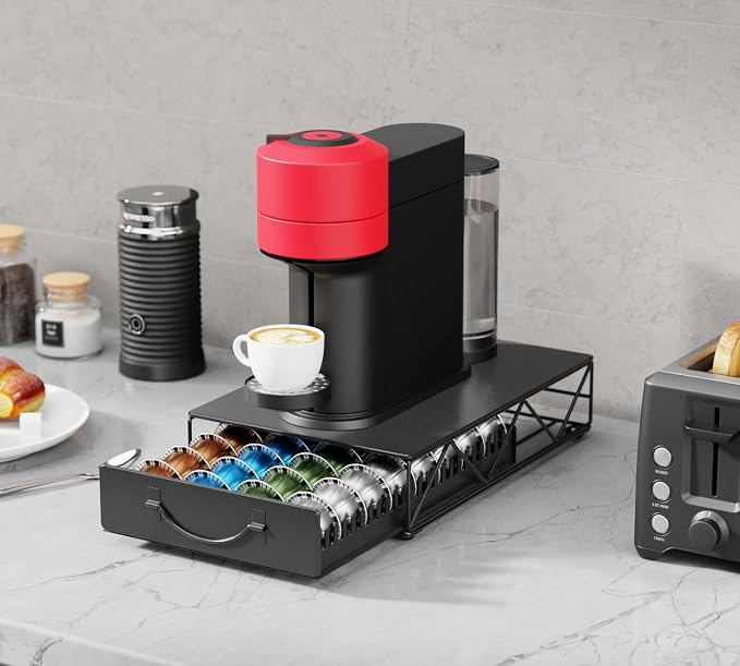HFHOME Coffee Pod Holder Drawer Compatible with Nespresso - 48 Small or 24 Large VertuoLine Pods - Coffee Capsule Storage Organizer for Vertuo - Coffee Capsule Holder for Home Kitchen