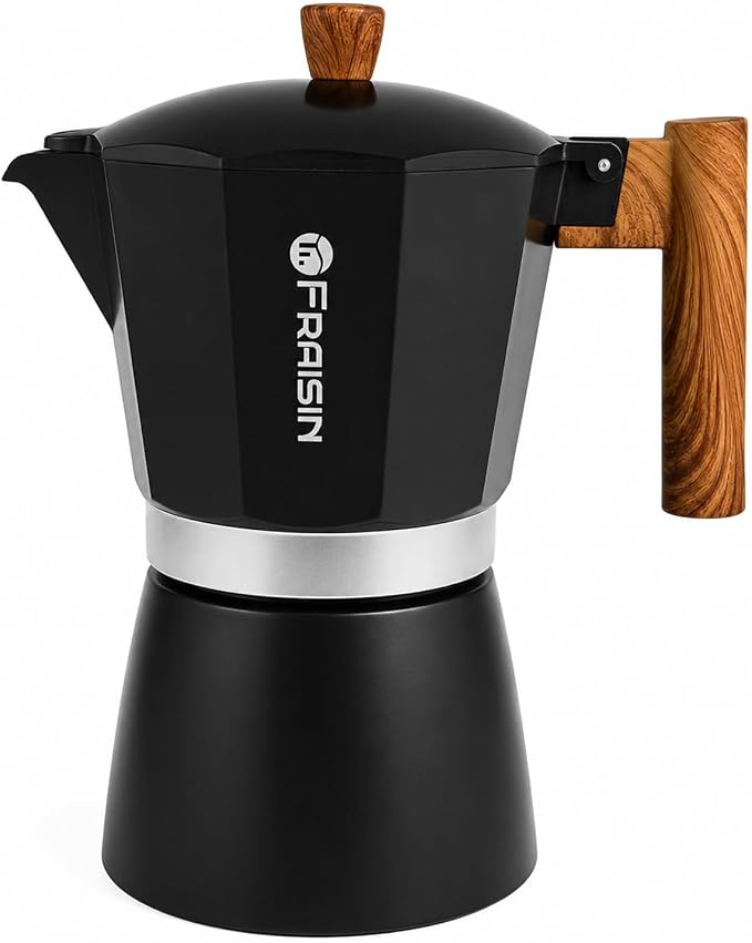Stovetop Espresso Moka Pot Coffee Maker, Non-slip Wood Grain Handle, Cast Aluminum, Compatible with Gas, and Electric Stoves (Black, 12 cups)