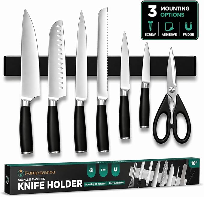 Magnetic Knife Holder 16 Inch Black for Wall or Fridge, 304 Stainless Steel Knife Strip, No Drill Adhesive Rack, Strong Magnetic Kitchen Organizer, Premium Gift by Pampavanna