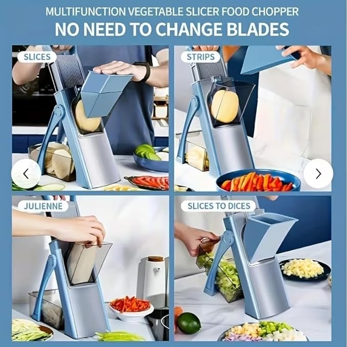 Safe Mandoline Slicer for Kitchen, Adjustable Vegetable Cutter with Container, 40+ Cuts No Blade Change, 0.1-8mm Thickness, Stainless Steel Blades for Potato, Onion & Salad (Blue)
