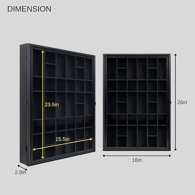 Shot Glass Display Cabinet Solid Wood - Large Display Case for Collectibles | Man Cave Accessories | UV Protection Acrylic Door | Wall Mounted Black Shadow Box | 36 Divided Slots | 26" x 18"