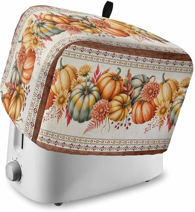 Orange Pumpkins Fall Toaster Cover 4 Slice, Thanksgiving Southwestern Floral Dustproof Bakeware Oven Protector with Top Hook, Autumn Waterproof Small Kitchen Appliance Toasters Dust Cover, 12"x11"x8"