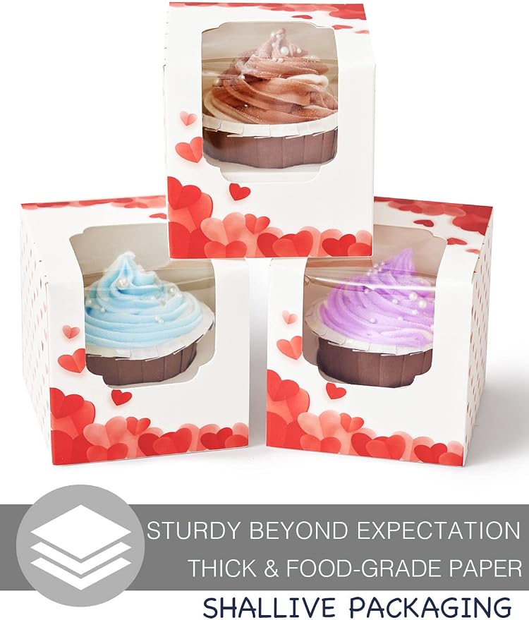 Valentine's Day Individual Cupcake Boxes 60 Pack with Window Single Cupcake Containers for Muffins, Chocolate Covered Strawberry for Wedding Favor Gift Cocoa Bomb Packaging with Inserts